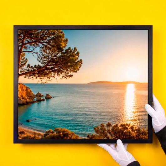 Framed photo on a yellow wall