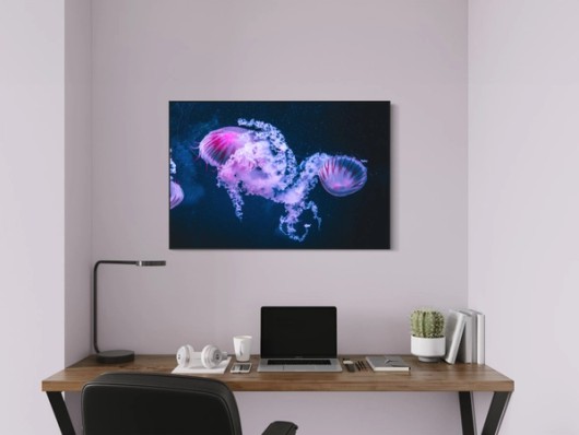 Art mural acoustique au-dessus d’un bureau